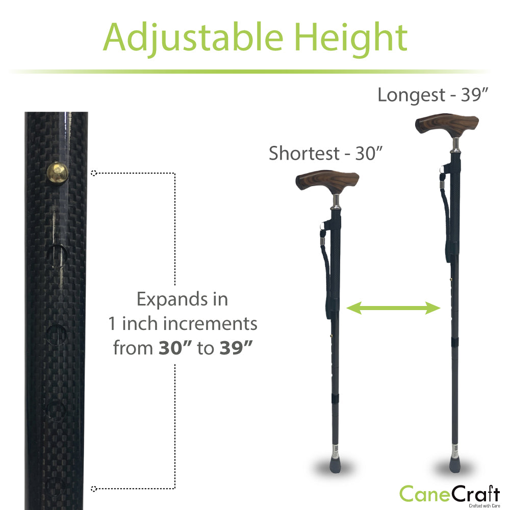 Black carbon fiber adjustable cane with anti-slip rubber tip