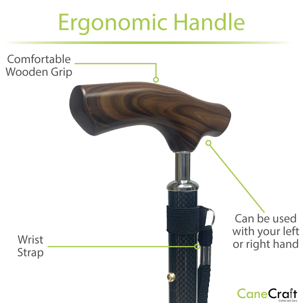 Carbon fiber ultra lightweight cane with wooden fritz handle and wrist strap