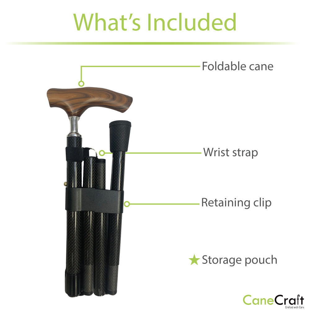 Carbon Fiber Adjustable Folding Cane with Rubber Tip - Black