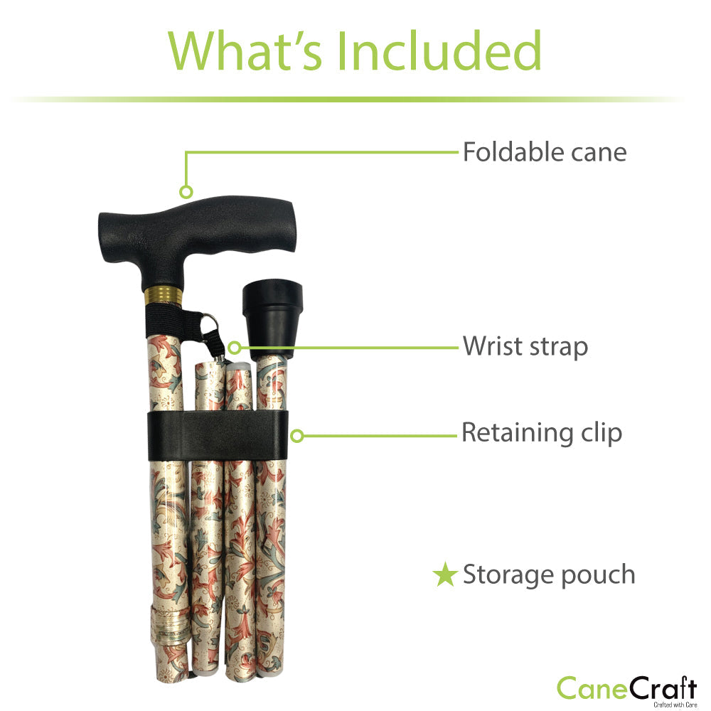 Foldable Cane, Wrist Strap, Retaining Clip and Storage Pouch is included with Designer Folding Cane Royal Crescent