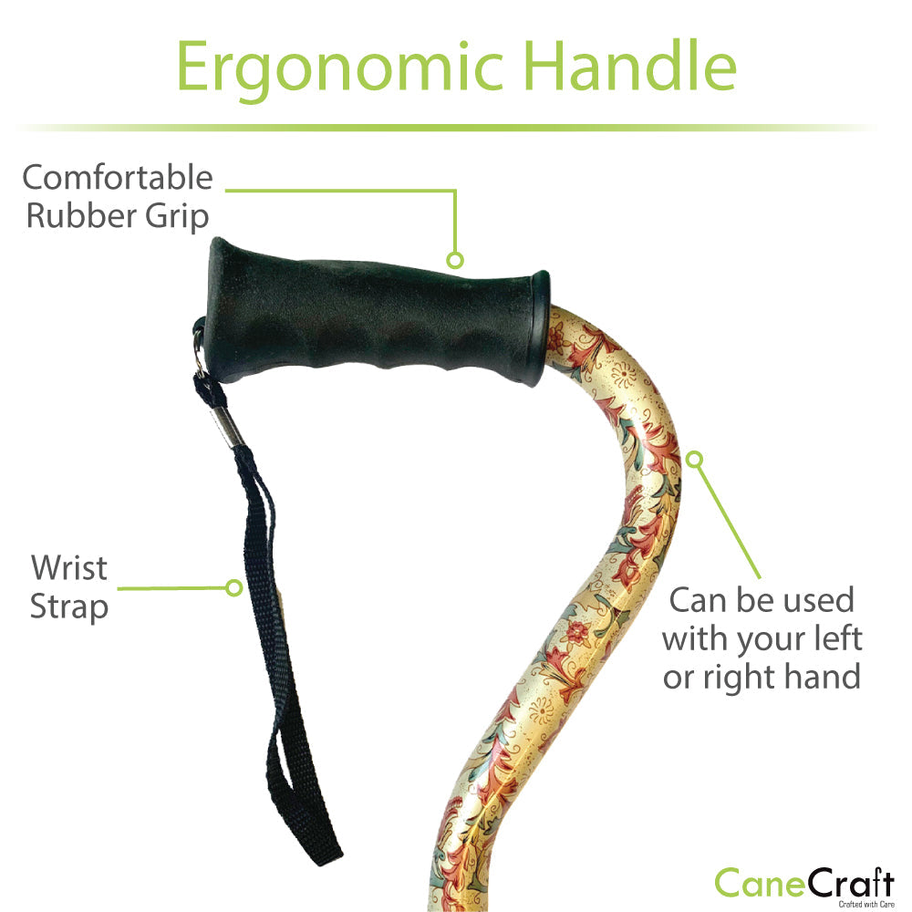 Designer folding cane with offset handle is ergonomically designed to fully and evenly distribute your weight over the shaft of the cane and takes much of the strain off your wrists. 