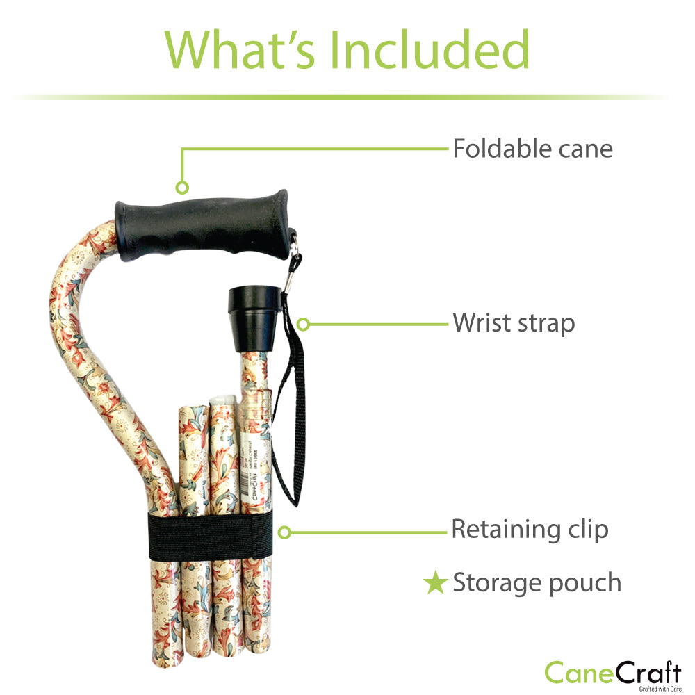 Adjustable folding cane comes with a wrist strap, Retaining clip and storage pouch. 