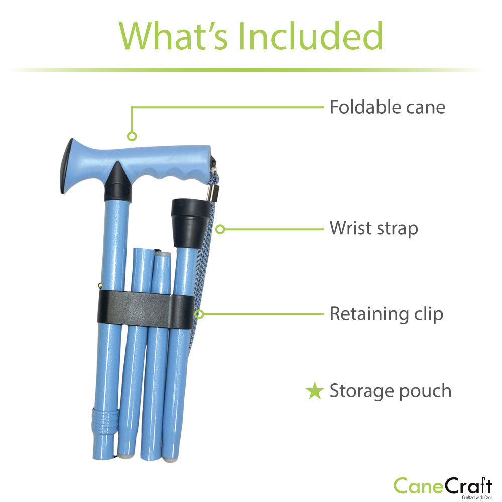 Folding Cane, wrist strap, retaining clip and Storage Pouch Included with Folding Cane Aqua Blue