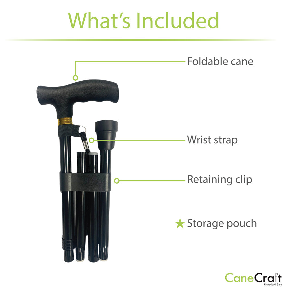 Foldable Cane, Wrist Strap, Retaining Clip and Storage Pouch included with Adjustable Folding Cane Black