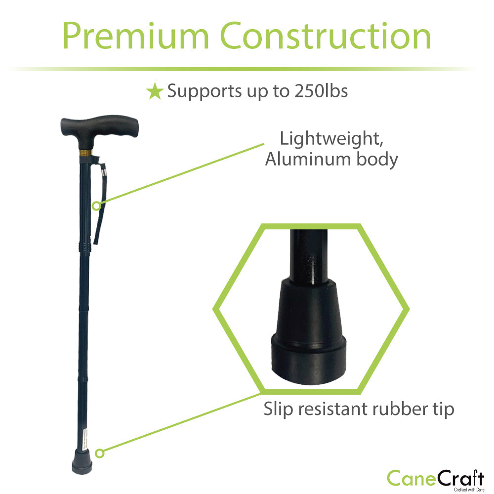 Folding Cane Black is a lightweight aluminium body with 250 lbs weight capacity.
