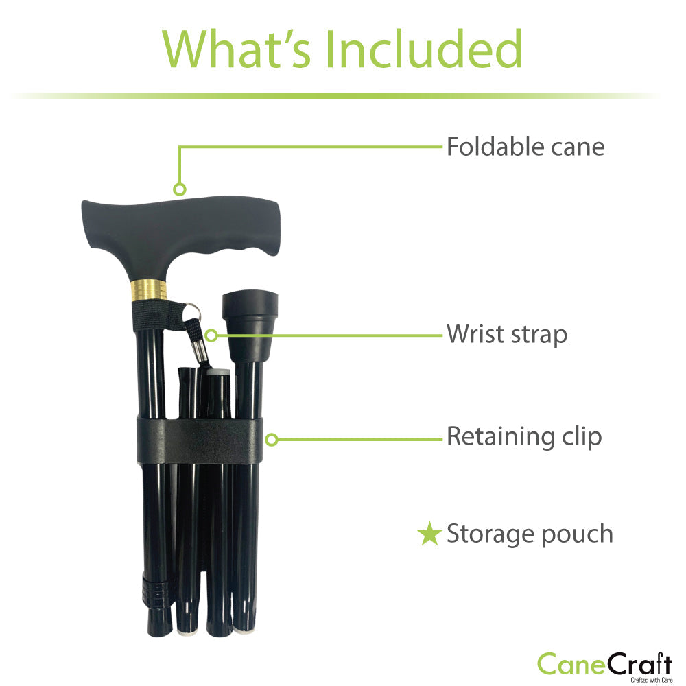 Folding Cane, Wrist Strap, Retaining Clip and Storage Pouch included with Folding Silicon Handle Cane in Black