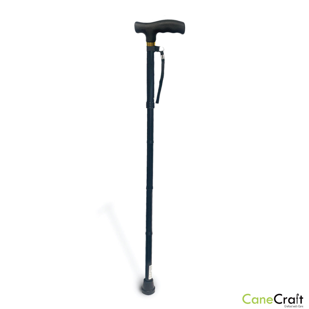 Black Adjustable Aluminum folding cane can adjust the height from 33" to 37" with 1" increments to match your size.