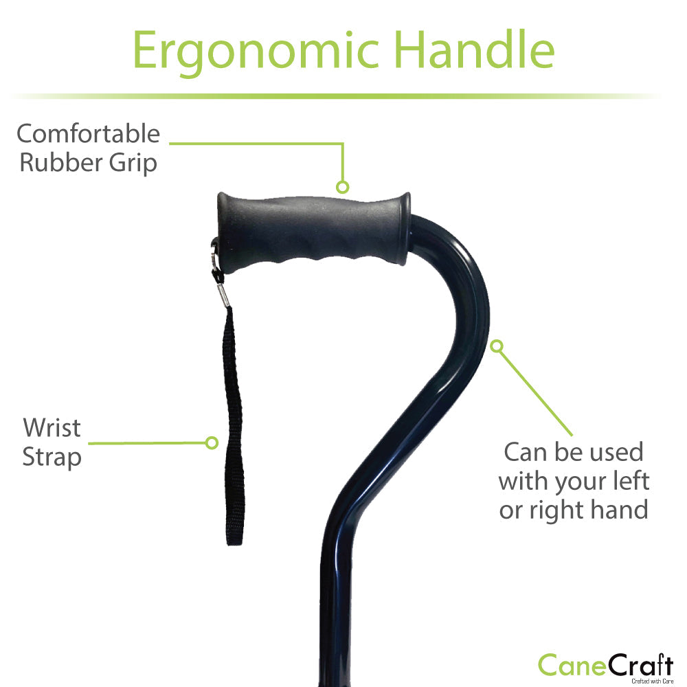 Black folding cane with offset handle is designed to fully and evenly distribute your weight over the shaft of the cane and takes much of the strain off your wrists. 