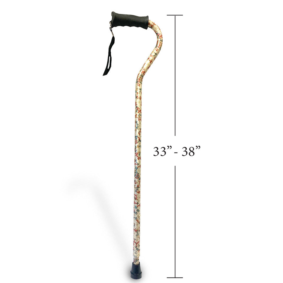 Designer folding cane is height adjustable from 33.5" to 37.5" with a push button.