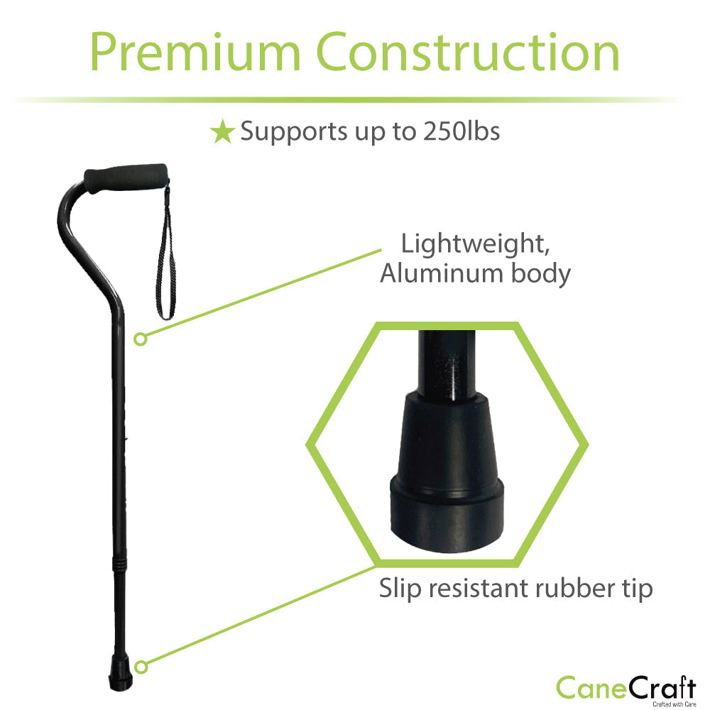 Offset Handle Cane Black with Weight Capacity of 250 lbs and anti-slip rubber tip