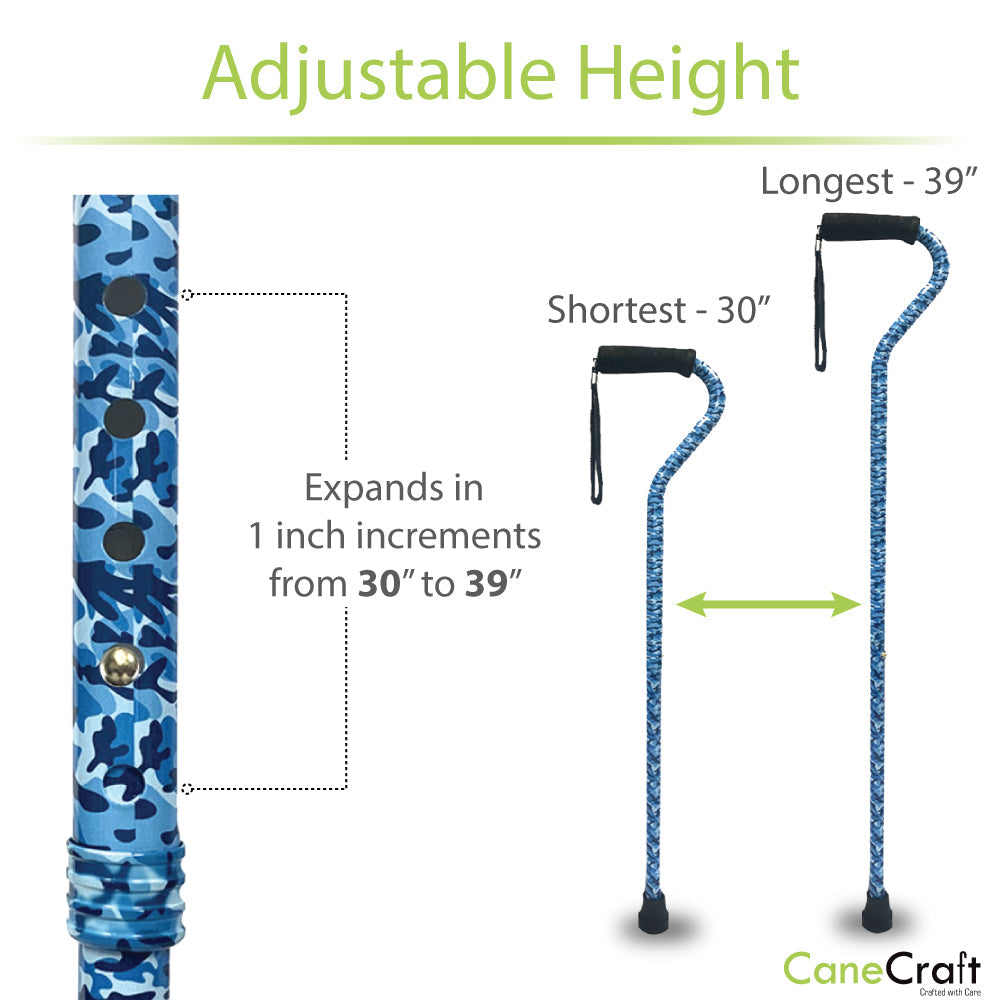 Offset Handle Cane Blue Camo with Adjustable Height from 30" to 39"