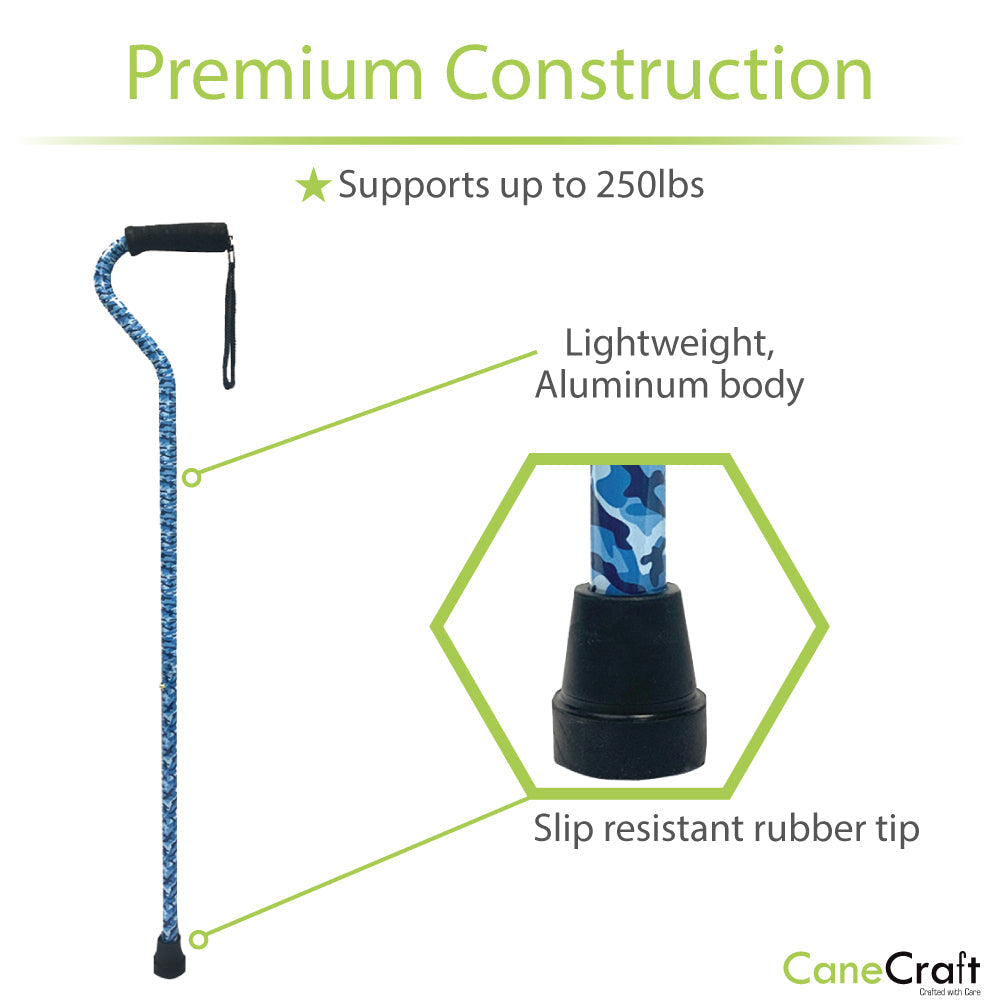 Offset Handle Cane Blue Camo with Weight Capacity of 250 lbs and anti-slip rubber tip