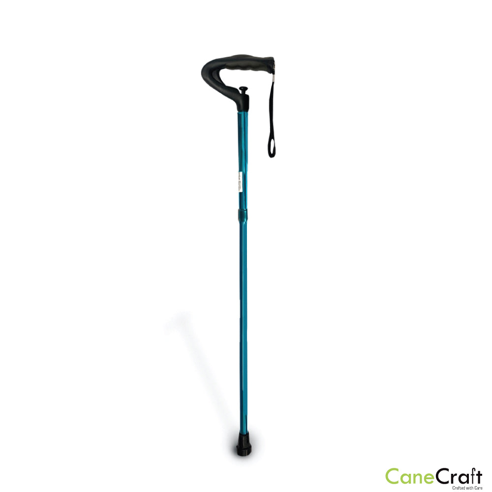 One Push Button offset Cane comes with a wrist strap that is attached to the handgrip and its height is adjustable from 26.5" to 41".. 