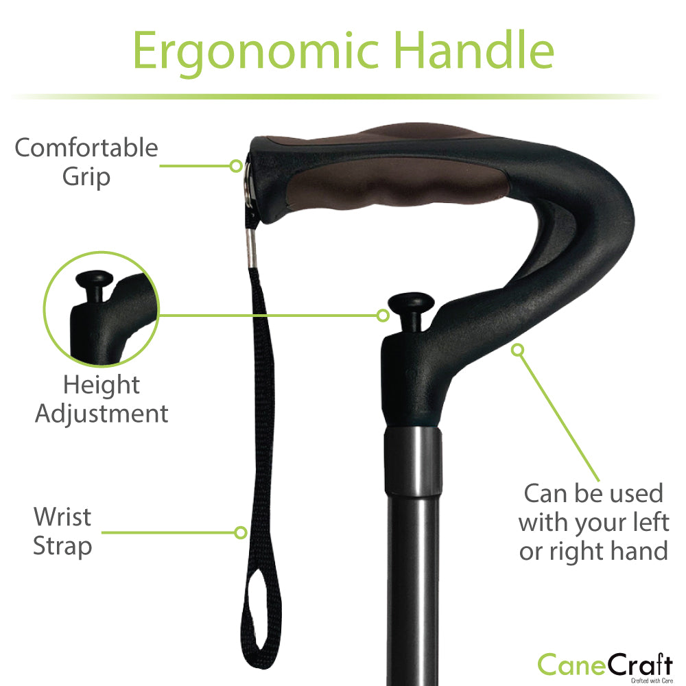 Adjustable standing walking cane with a wrist strap for a better grip.