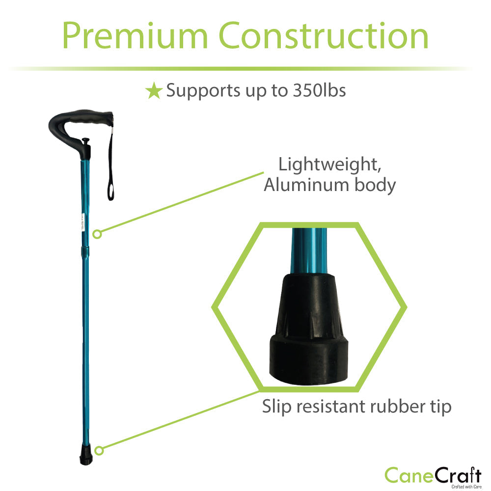 The walking cane is made of  lightweight aluminum shaft that is durable and corrosion-resistant.