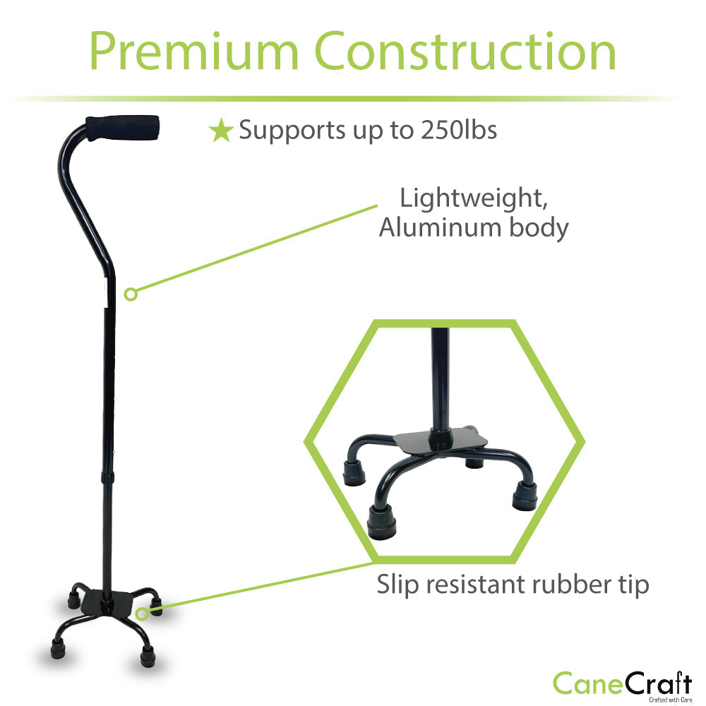 Small Base Quad Cane with weight capacity of 250 lbs and small base