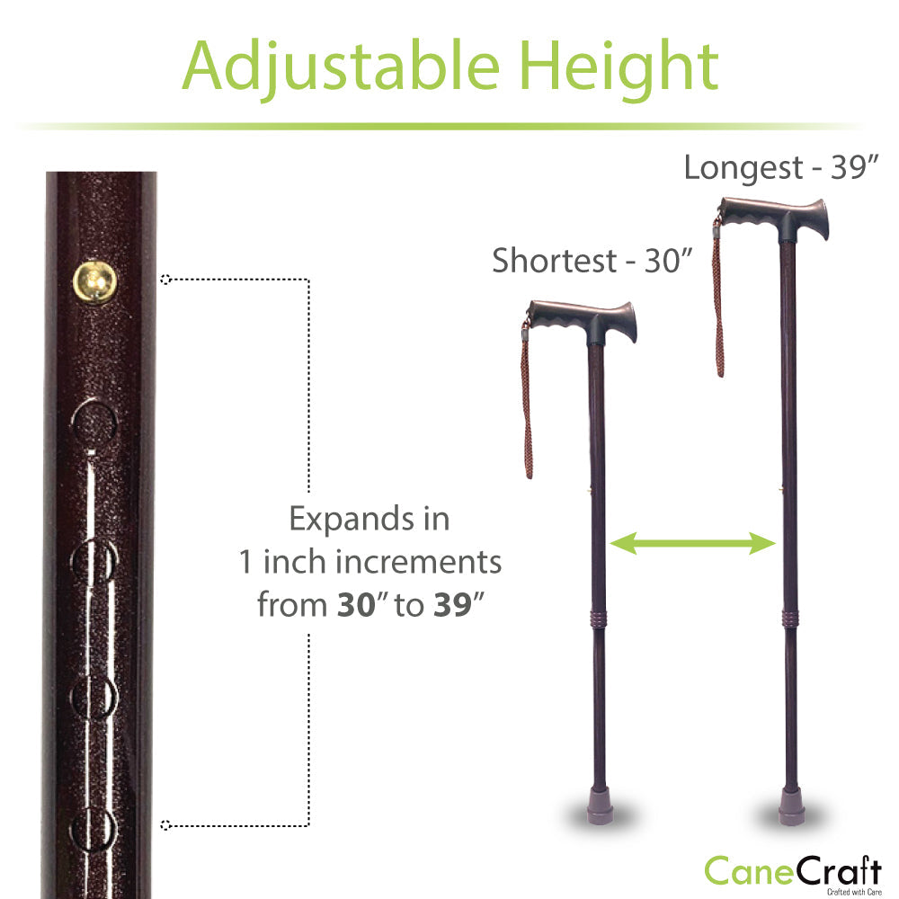 T-Handle lightweight aluminum cane height is adjustable from 30" to 39" with an anti-rattle lock.