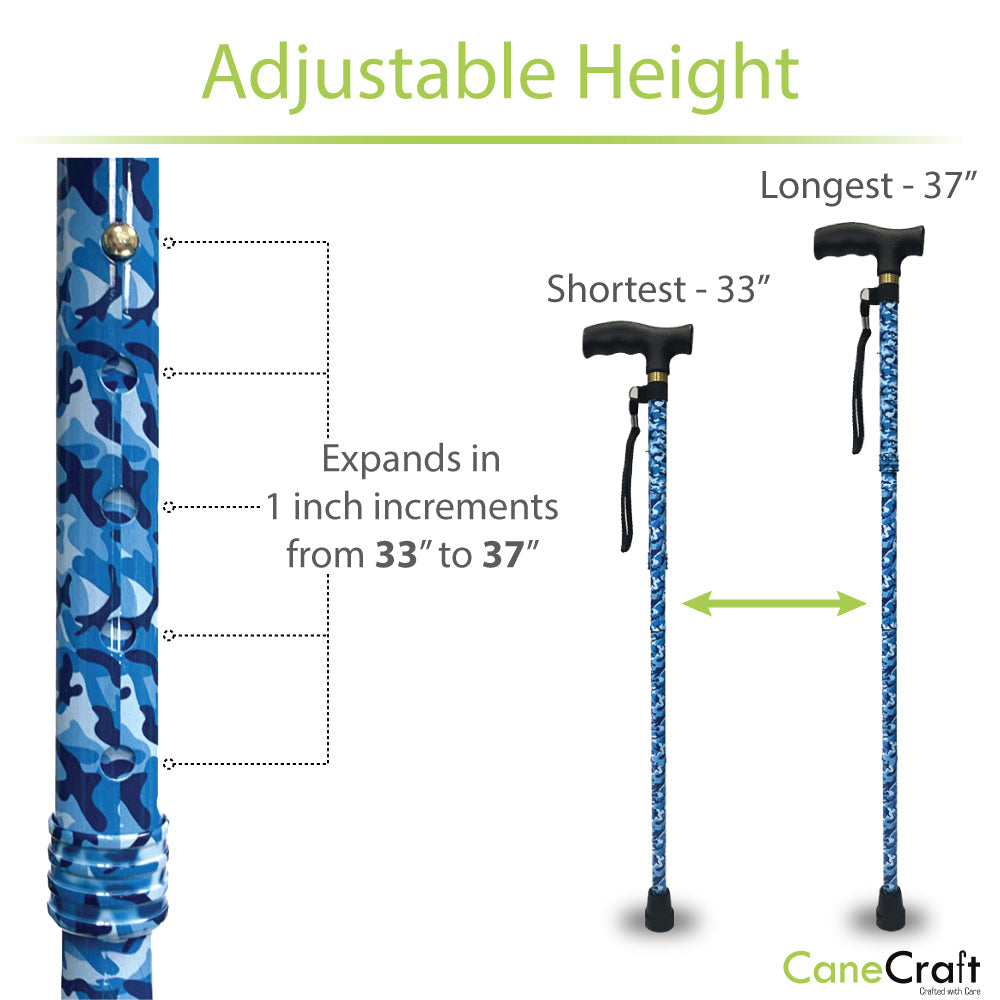 Designer Folding Cane Blue Camo Adjustable Height