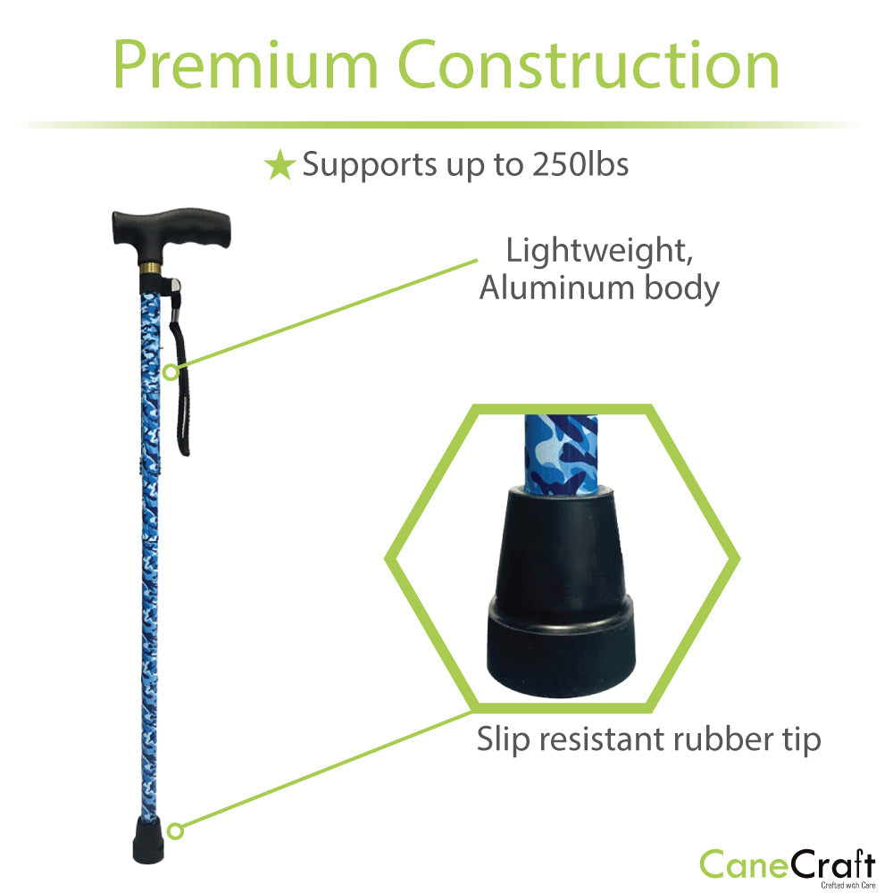 Designer Folding Cane Blue Camo Premium Construction