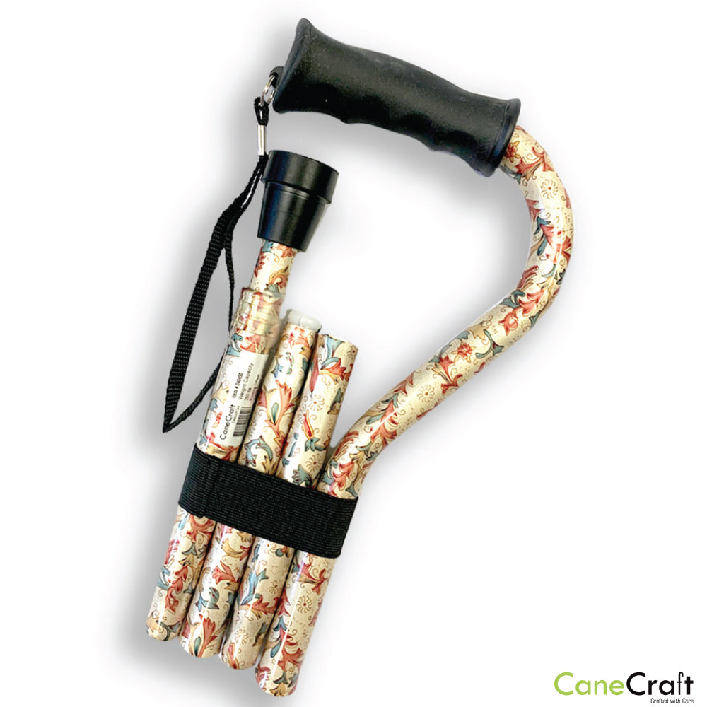 Designer folding cane folds up very easily at three points along the shaft and takes minimal storage space. 