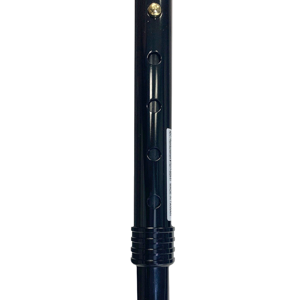 Black folding cane is height adjustable from 33.5" to 37.5" with a push button.