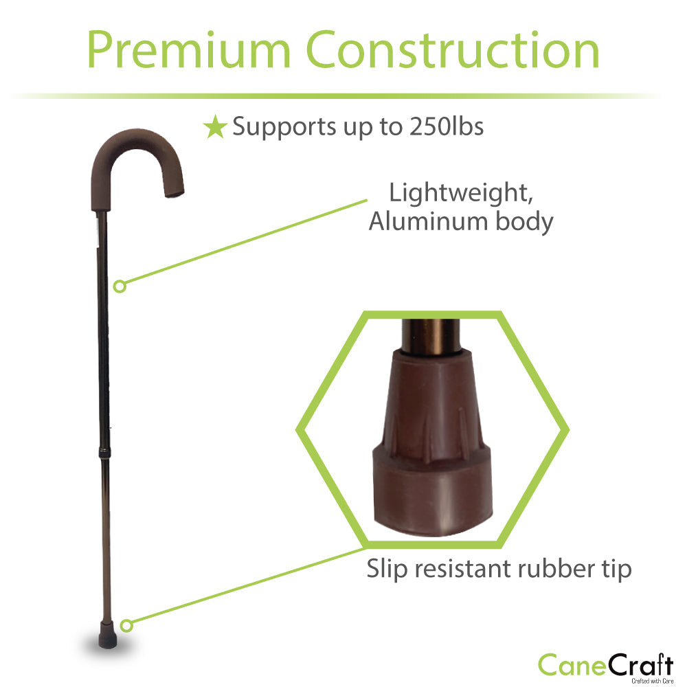 Round Handle Height Adjustable Cane Bronze with weight capacity of 250 lbs and slip resistant rubber tip. 